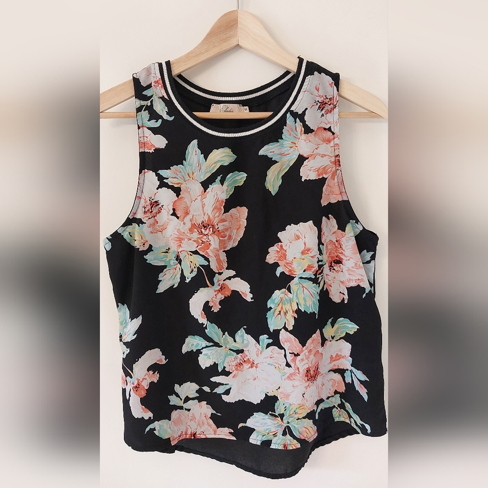 Elodie Black Floral Top with Stripe Jersey Trim Size M